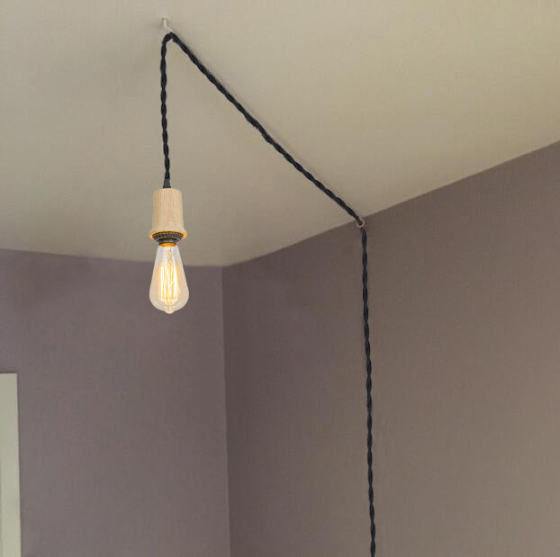 FSLIVING 300cm/600cm コンセント式 木製ソケット 和室 1灯ペンダント ツイストコード インテリア照明 カフェ LED電球対応 E26