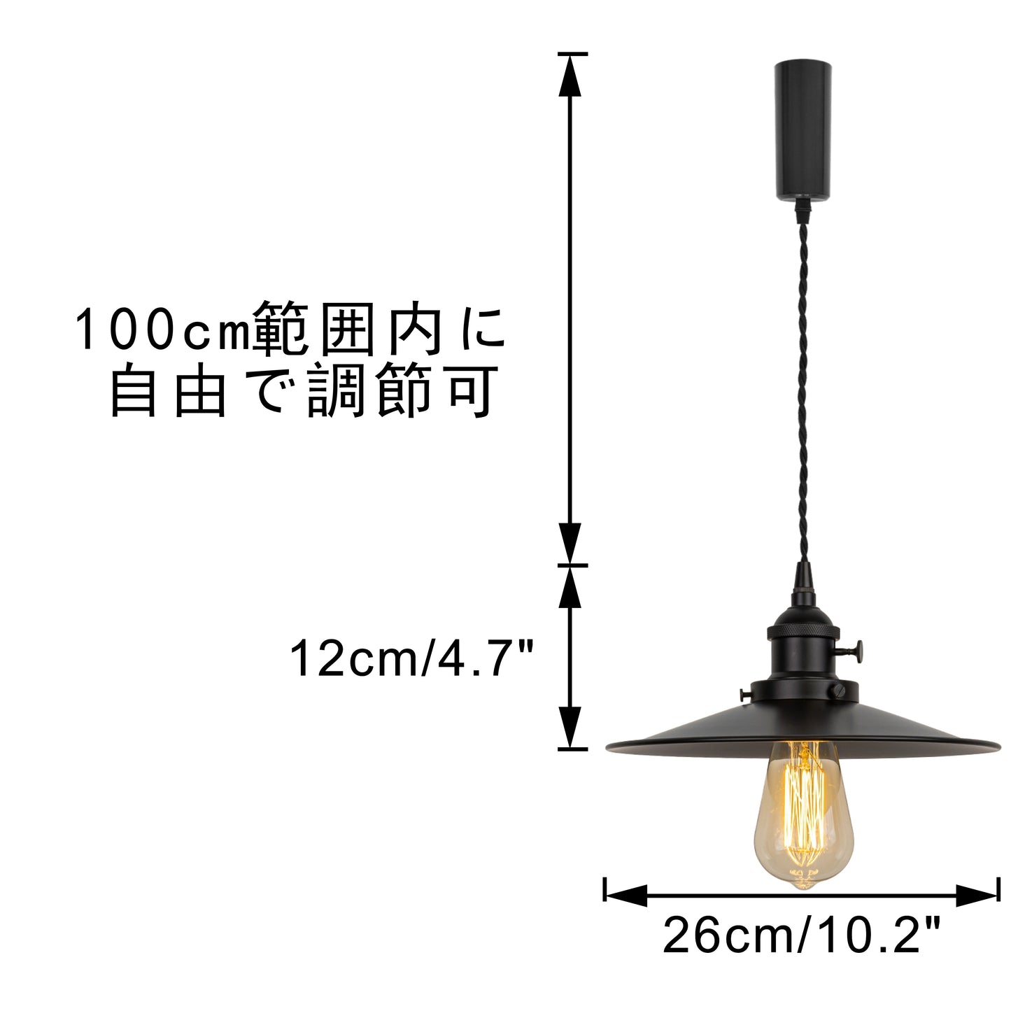 fsliving 直径26cm マットブラック 回転スイッチ付き レトロペンダントライト インテリア照明 北欧 ペンダントランプ おしゃれ インテリア用 照明器具 天井照明 吊り下げ ライト E26 キッチン LED 電気 ダクトレールライト