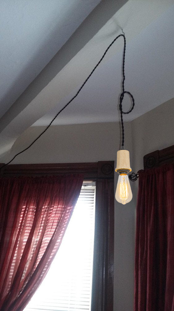 FSLIVING 300cm/600cm コンセント式 木製ソケット 和室 1灯ペンダント ツイストコード インテリア照明 カフェ LED電球対応 E26
