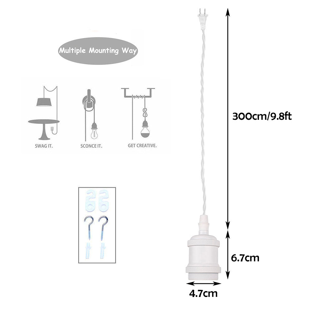 FSLIVING 300cm コンセント式 コード白 レトロ 1灯ペンダント ツイストコード インテリア照明 カフェ LED電球対応 E26