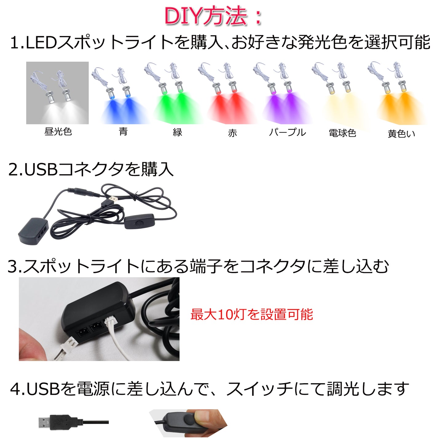 FSLiving 2セット ミニスポットライト 電源供給コード 10分岐アダプタ ミニスポットライト用 USBコード 調光スイッチ付き コード2m ショーケース ディスプレイ 間接照明用 照明器具