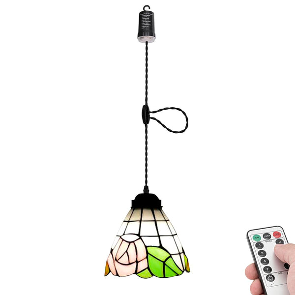 FSLIVING ペンダントライト 引掛けフック式 ティファニー ティファニーランプ チェーン付属 電池式 電池ボックス 吊り下げライト 雰囲気 リモコン付き 調光可 タイマー機能付き ８つの点灯モード選択可 賃貸照明 TB3144DCB-T301