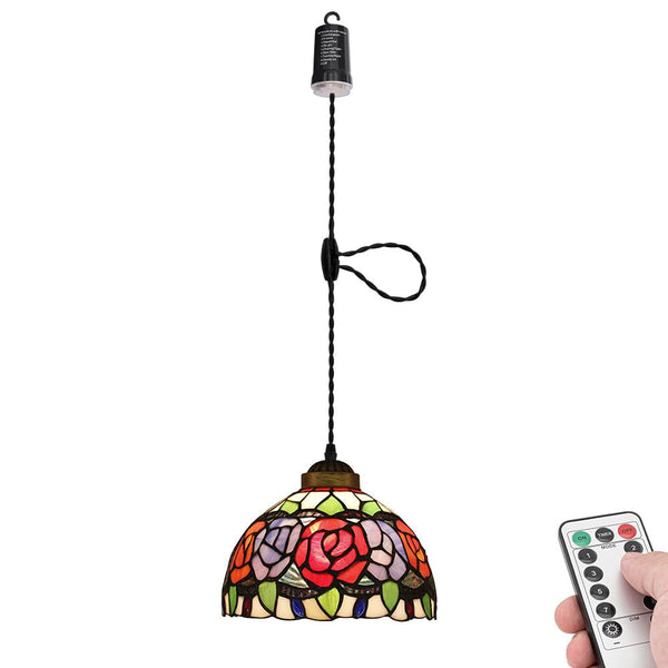 FSLIVING ペンダントライト 引掛けフック式 ティファニー ティファニーランプ チェーン付属 電池式 電池ボックス 吊り下げライト 雰囲気 リモコン付き 調光可 タイマー機能付き ８つの点灯モード選択可 賃貸照明 TB3144DCB-X276
