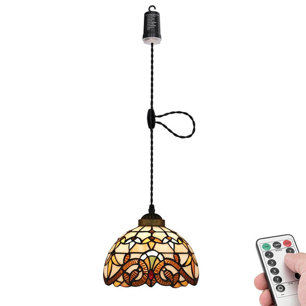 FSLIVING ペンダントライト 引掛けフック式 ティファニー ティファニーランプ チェーン付属 電池式 電池ボックス 吊り下げライト 雰囲気 リモコン付き 調光可 タイマー機能付き ８つの点灯モード選択可 賃貸照明 TB3144DCB-X274