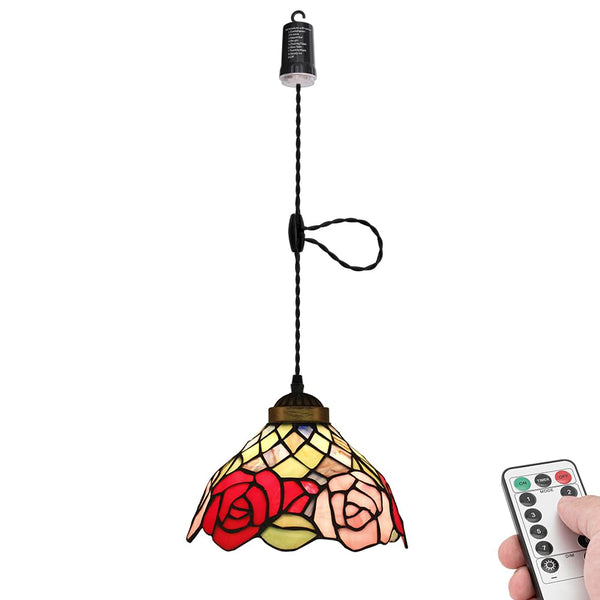 FSLIVING ペンダントライト 引掛けフック式 ティファニー ティファニーランプ チェーン付属 電池式 電池ボックス 吊り下げライト 雰囲気 リモコン付き 調光可 タイマー機能付き ８つの点灯モード選択可 賃貸照明 TB3144DCB-X269