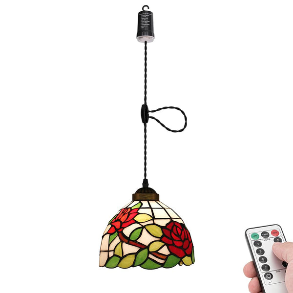 FSLIVING ペンダントライト 引掛けフック式 ティファニー ティファニーランプ チェーン付属 電池式 電池ボックス 吊り下げライト 雰囲気 リモコン付き 調光可 タイマー機能付き ８つの点灯モード選択可 賃貸照明 TB3144DCB-X268