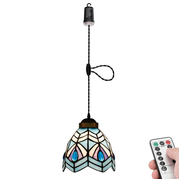 FSLIVING ペンダントライト 引掛けフック式 ティファニー ティファニーランプ チェーン付属 電池式 電池ボックス 吊り下げライト 雰囲気 リモコン付き 調光可 タイマー機能付き ８つの点灯モード選択可 賃貸照明 TB3144DCB-X340