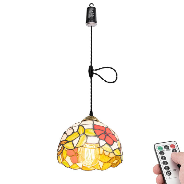 FSLIVING ペンダントライト 引掛けフック式 ティファニー ティファニーランプ チェーン付属 電池式 電池ボックス 吊り下げライト 雰囲気 リモコン付き 調光可 タイマー機能付き ８つの点灯モード選択可 賃貸照明 TB3144DCB-X260