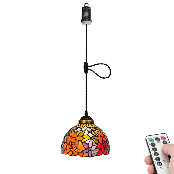 FSLIVING ペンダントライト 引掛けフック式 ティファニー ティファニーランプ チェーン付属 電池式 電池ボックス 吊り下げライト 雰囲気 リモコン付き 調光可 タイマー機能付き ８つの点灯モード選択可 賃貸照明 TB3144DCB-X258