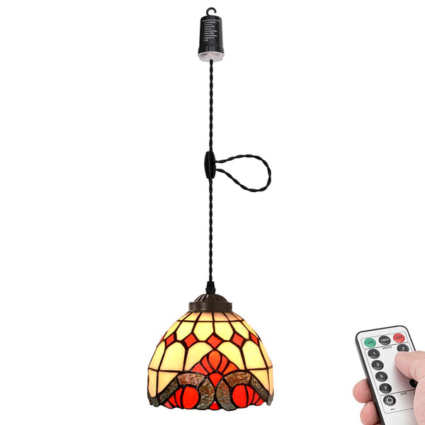 FSLIVING ペンダントライト 引掛けフック式 ティファニー ティファニーランプ チェーン付属 電池式 電池ボックス 吊り下げライト 雰囲気 リモコン付き 調光可 タイマー機能付き ８つの点灯モード選択可 賃貸照明 TB3144DCB-T1830