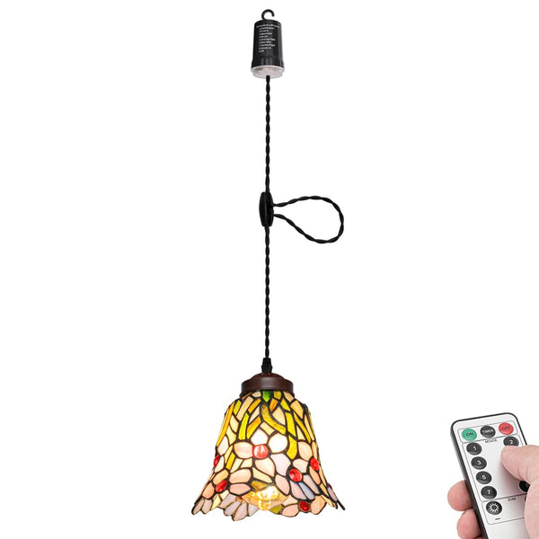 FSLIVING ペンダントライト 引掛けフック式 ティファニー ティファニーランプ チェーン付属 電池式 電池ボックス 吊り下げライト 雰囲気 リモコン付き 調光可 タイマー機能付き ８つの点灯モード選択可 賃貸照明 TB3144DCB-T1828