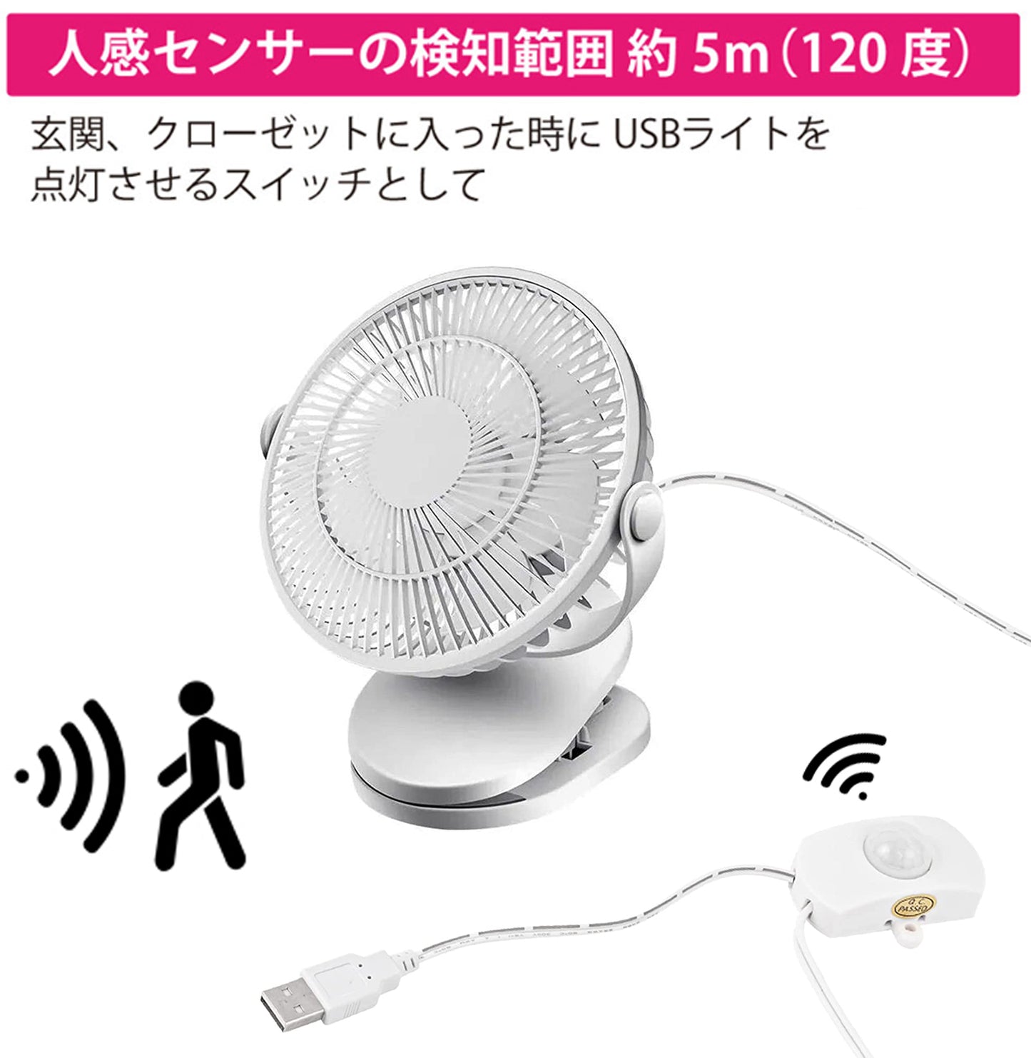 FSLiving USB Fan Motion Sensor Desktop Fan Natural Wind Desktop & Clip Type Brushless Motor Quiet Sensitive