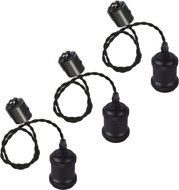 FSLIVING ペンダントライト黒いコード60cm （3個セット）3灯 工事不要 ダクトレール照明 E26口金 レトロ 和風 照明器具 和室 天井 led対応 セラミックソケット 陶製 ブラックソケット 調光対応 スチール製 照明器具 配線ダクトレール レール用ペンダントライトカスタマイズ可能,9色（黒）