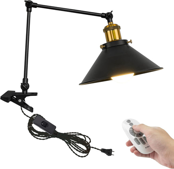 SKIVTGLAMP コンセント式 LED クリップ式ライト、リモコン式 9W LED 無段階 調光&調色 60W白熱電球形相当 E26 電球含み コードレス 置き型照明 調節可 回転式 調節自由 スポットライト タイマー付き 自動消し灯 棚用 映画 道具 E26 電気スタンド ほんたて 仕切りスタンド 内玄関照明 茶色 1個入り