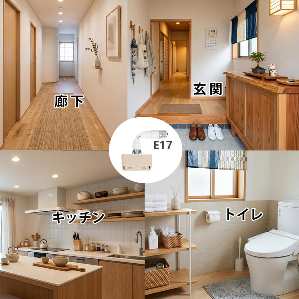 E17可変式変換アダプターが活用できる廊下、玄関、キッチン、トイレの適用利用シーン一覧