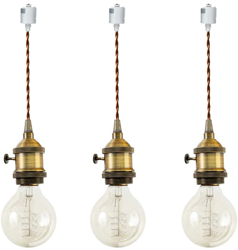 FSLIVING Pack of 3 Customizable Cord Length Brown Retro 1 Light Pendant with Switch Antique String Brass Plated Finish Interior Lighting Cafe LED Bulb Compatible