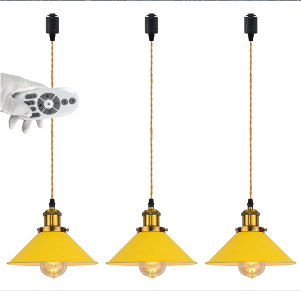 SKIVTGLAMP ダクトレール用 ペンダントライト 遠隔操作 LED 4W（60W形相当）エジソン電球 付き E26口金 モダン 和風 ライティングレール用 北欧 コーヒー風 メタルケット イエロー ランプシェード 工業風 DIY 調光対応 モダン 飾り 3灯 電気 工事不要 カスタマイズ 提供 セラミックス （黄）