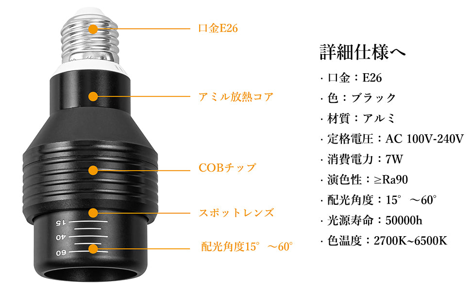 LED電球 スポットライト リモコン E26 7W LED 電球 配光角度調整可能 調光&調色機能 COB光源 屋内用 壁 天井 展示 撮影 ブラック