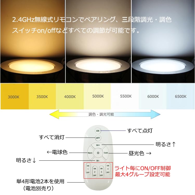 2.4GHz無線リモコン付きダクトレールライト 調光調色操作方法 最大4グループ設定 電池式