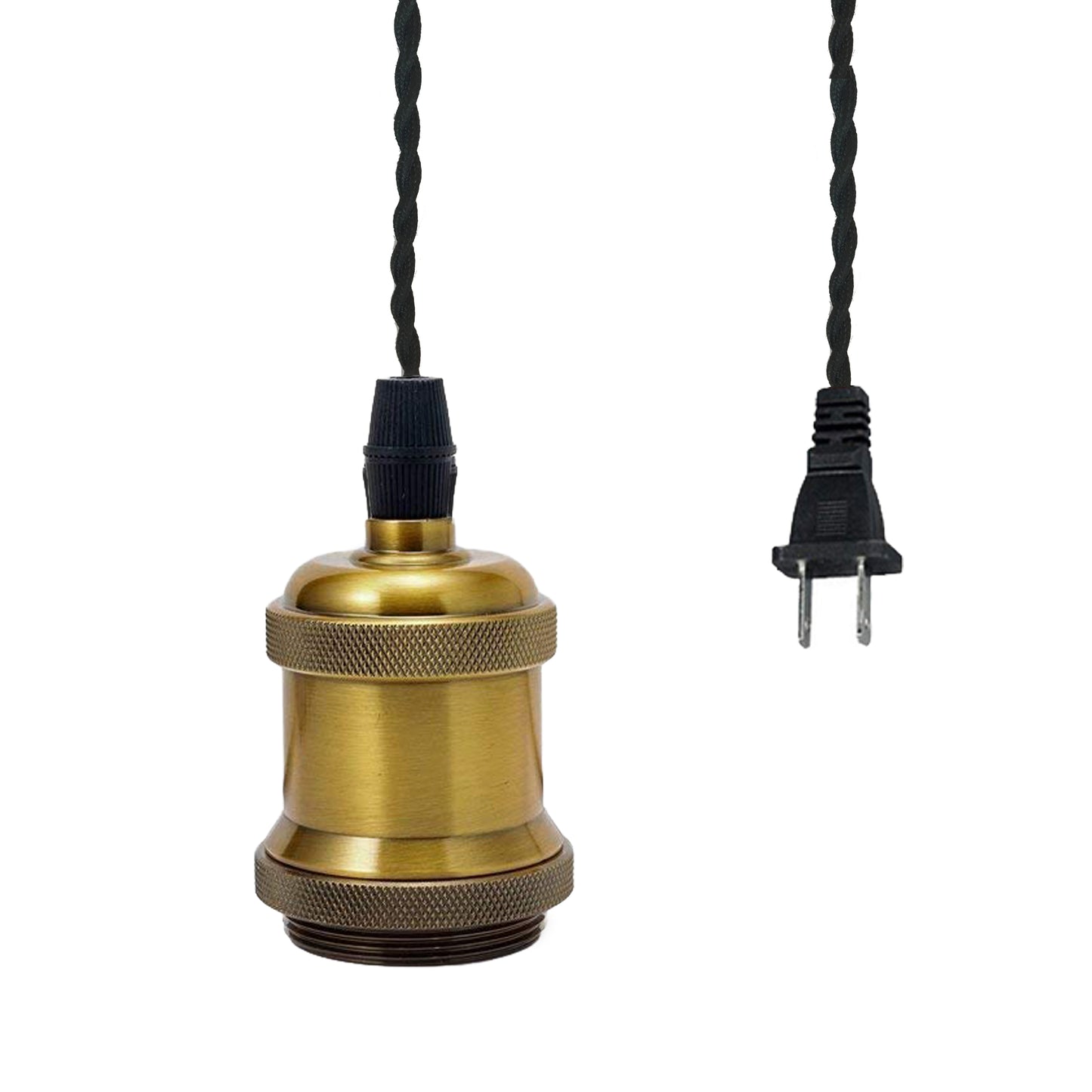 FSLIVING 1灯 レトロ カフェ 電球ソケット コンセント式(3m) 吊り下げ高さ調節可 真鍮メッキ古仕上げ アルミ製 ツイストコードおしゃれ LED対応 一灯ペンダント