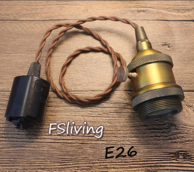 FSLIVING 30cmから200cm選択肢ある 茶色レトロ １灯ペンダント スイッチ付き 古アンティーク紐 真鍮メッキ古仕上げ インテリア照明 カフェ LED電球対応