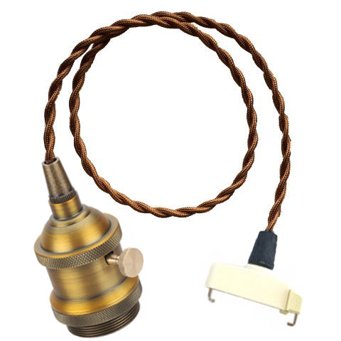 FSLIVING Retro Hanging Ceiling Light 30cm~200cm 1 Light Pendant with Switch Brown Cord Antique Brass Plated Finish Interior Lighting Cafe LED Bulb Compatible Ceiling Light